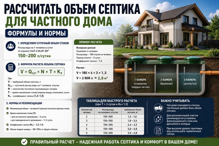 Рассчитать объем септика для частного дома, формулы и нормы